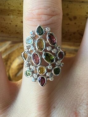 Multicolor Tourmaline Sterling Silver Cocktail Ring Size 6
